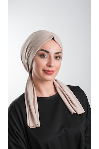 Bej Pratik Hazır Geçmeli Tesettür Bone Kesik Elyaf Sade 2111_12 Bej