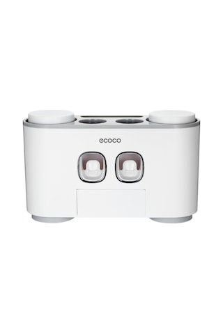 Maiyame Duvar Tipi Otomatik Diş Macunu Sıkma Aparatı - 5 Fırça Yuvası, 4 Bardaklık Aile Seti Yapışkanlı Beyaz