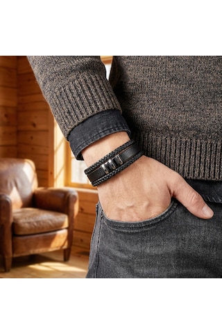 Moncuk Design Orijinal Deri Ve 316l Çoklu Çelik Erkek Bileklik 33514b22d1 Siyah