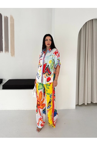 Asprin Fashion Yaz Baskılı Gömlek Pantolon Takım Turuncu