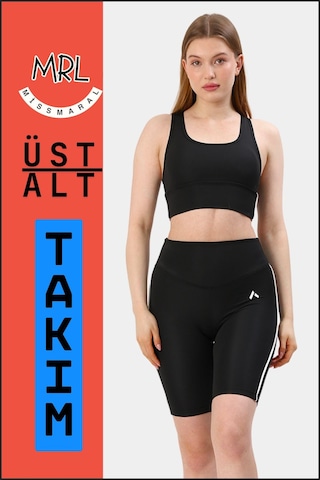 Kadın Siyah Takım Alt-üst Kısa Şort-tayt Ve Pedli Sporcu Büstiyer 2li Set Beyaz Biyeli Siyah Beyaz