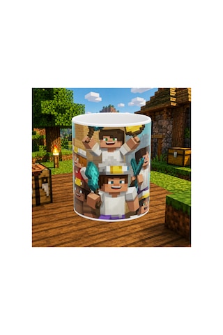 Minecraft Temalı Baskılı Beyaz Seramik Kupa - Oyuncu Hediyesi - Özel Tasarım Kupa Beyaz