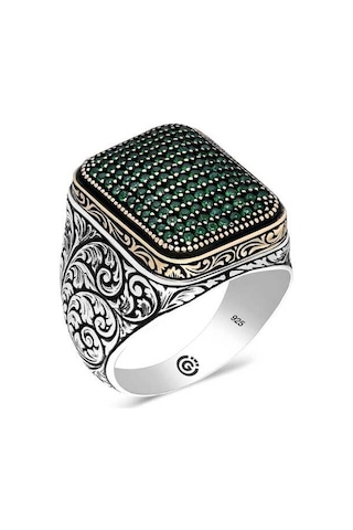 Premium 925 Ayar İthal Gümüş Yeşil Zirkon Taşlı Kare Erkek Yüzük - 27 Ölçü