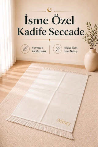 Kişiye Özel İsim Nakışlı Kadife Seccade Ve İsimli Kadife Yasin Seti Krem