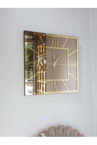 Ayna Denizi Golden Quare Bronze Model Altın Bronz Renk 60 CM x 60 CM Dekoratif Aynalı Duvar Saati Altın