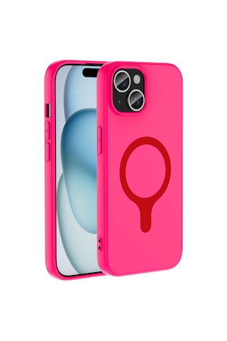 Maks Technology iPhone Uyumlu 15 Kılıf M-safe Şarj Özellikli Mkst Aris Silikon Kapak - Koyu Pembe