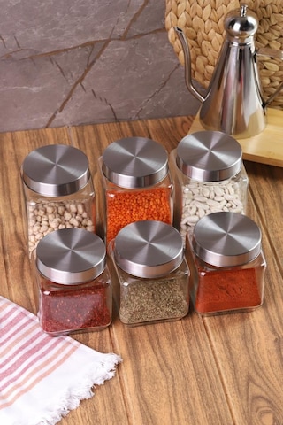Metal Kapaklı 6'lı Borosilikat Cam Kavanoz Baharatlık 820 ML + 570 ML