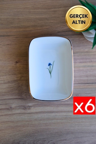 Tabak Evi Porselen Natura İris Altın Yaldızlı Dikdörtgen Kayık Tabak 14x9,8cm 6 Lı Çok Renkli