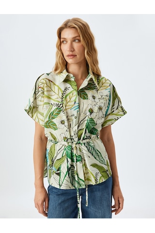Koton Floral Desenli Beli Bağlama Detaylı Viskon Kısa Kollu Oversize Gömlek Yeşil Desenli 5sak60114uw Yeşil Desenli Yeşil