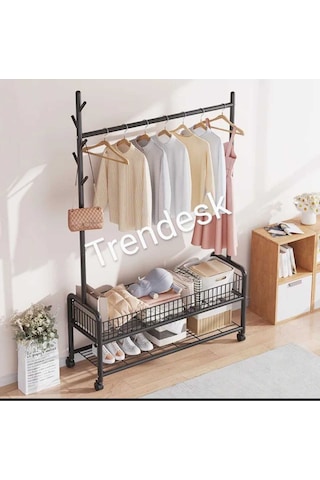 Metal Siyah 2 Raflı Raflı Konfeksiyon Askılığı Ayaklı Elbise Askılığı 176cm Siyah