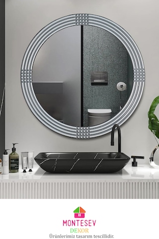 Safir Ahşap Gümüş Yuvarlak Ayna Işlemeli Duvar Banyo Aynası 43 Cm GÜMÜŞ