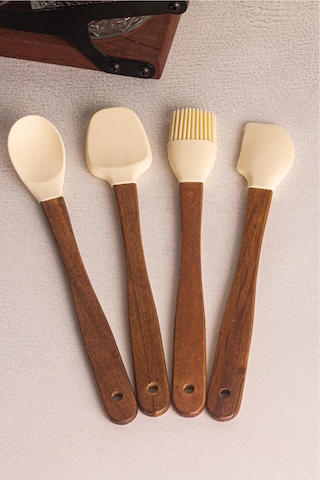Milly Krem - 4'lü Akasya Saplı Krem Silikon Spatula Seti 21 cm Mutfak Seti Doğal Kaşık Spatula Seti