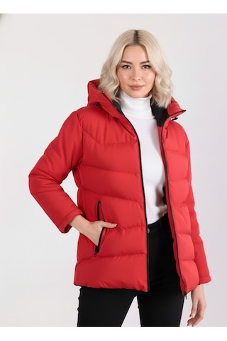 Blayn Jeans Kadın Kapüşonlu Şişme Mont Kışlık, Sıcak Tutan, Su Geçirmez Kırmızı