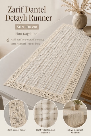 Dantel Kenarlı Özel Dokulu Güpürlü Runner 50x100 Cm Dekoratif Masa Örtüsü Bej