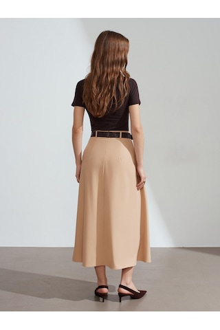 Dilvin 81074 Kemerli Pileli Midi Etek-camel