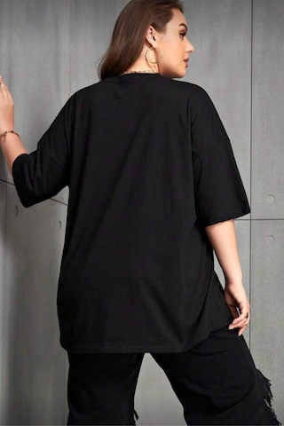 Ceny Kadın Büyük Beden Battal Baskılı Bisiklet Yaka Pamuklu T-shirt Rahat Kesim Unisex Sevgili Kombini SIYAH