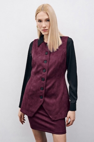 Sateen Düğmeli Uzun Süet Yelek - Mürdüm-135508 Mürdüm