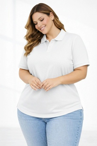 Wear Vexel Kadın Battal Beden Tişört Polo Yaka Pike Kumaş Kısa Kol T-shirt - Beyaz Beyaz