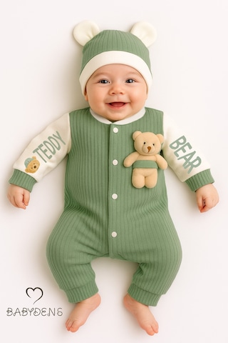Babyden's Teddy Bear Temalı Yenidoğan Fitilli Tulum Takımı Ayıcıklı Erkek Bebek Tulum Şapka Set %100pamuk Yeşil
