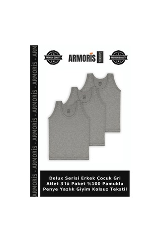Armoris Delux Serisi Erkek Çocuk Gri Atlet 3'lü Paket %100 Pamuklu Penye Yazlık Giyim Kolsuz Tekstil