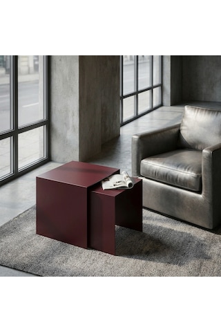 Modern Metal Zigon Sehpa Seti Minimal Tasarım İç İçe Geçen Yan Sehpa 2 Li Set Bordo
