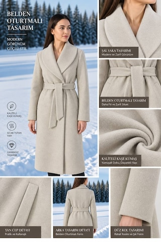 Moda Banuş Kadın Kuşaklı Cepli Yırtmaçlı Astarlı Kaşe Kaban Krem Beyaz Beyaz