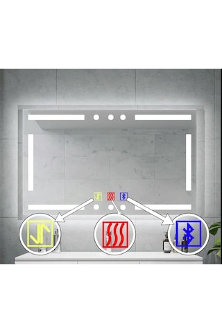 120x80 H Cm Bluetoothlu Buğu Çözücülü Dokunmatik Işıklı Kumlamalı Banyo Aynası