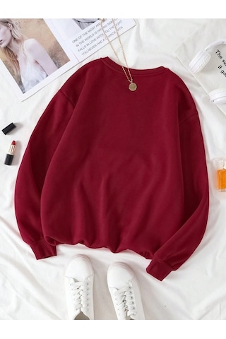 Kadın Bordo Düz Bisiklet Yaka Sweatshirt Bordo