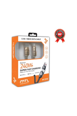 240w 5'i 1 Arada Usb/type-c/lightning Boyun Askılı Turbo Şarj Ve Data Kablosu Hasır Kablo Bej Mt2515