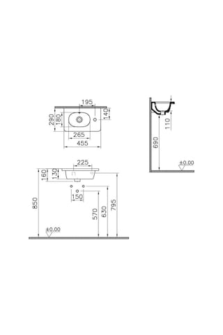 Vitra Zentrum 7789B003-0029 Sağ Armatür Delikli Etajerli Lavabo.