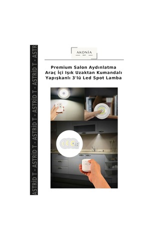 Premium Salon Aydınlatma Araç İçi Işık Uzaktan Kumandalı Yapışkanlı 3'lü Led Spot Lamba Çok Renkli