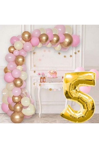 5 Yaş Krom Gold Pastel Pembe Ve Beyaz Balon Seti Gold Rakamlı Doğum Günü Balonu Şık Parti Süsleme Çok Renkli