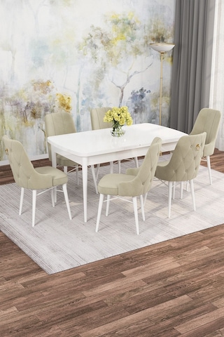 Mona Beyaz 80x132 Açılabilir Mdf Masa Yemek Odası Takımı, Mutfak Takımı 6 Adet Sandalye Beyaz Masa - 6 Krem - Beyaz Ayak