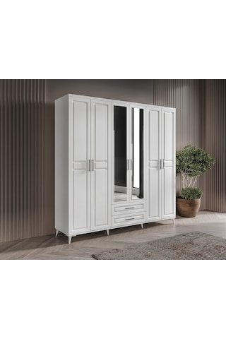 GuneyStore Gözde 6 Kapaklı Aynalı Komple MDF Beyaz Gardırop