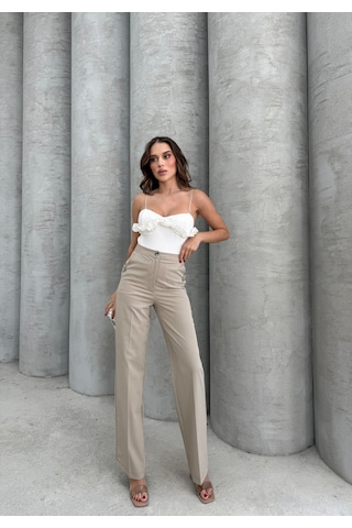 Krem Cep Düğme Detaylı Pantolon Krem