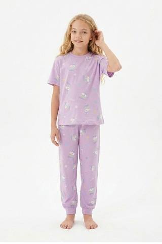 Zuzunga Unicorn Desenli Kısa Kollu Pamuk Kız Çocuğu Pijama Takımı Lila