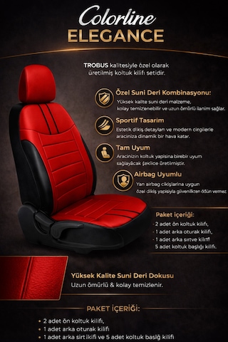 Volkswagen Tiguan 2007 Ve Sonrası Uyumlu Colorline Elegance Deri Kırmızı Siyah Koltuk Kılıfı