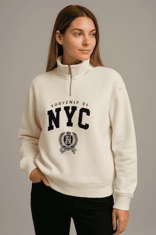 Önü Fermuarlı Nyc Baskılı Sweat Ekru