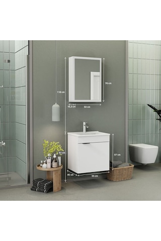 Biani Fix Loft 55 Cm Banyo Dolabı,Seramik Lavabolu, Aynalı,Lavabo Dahil,Mdf,Mat Beyaz
