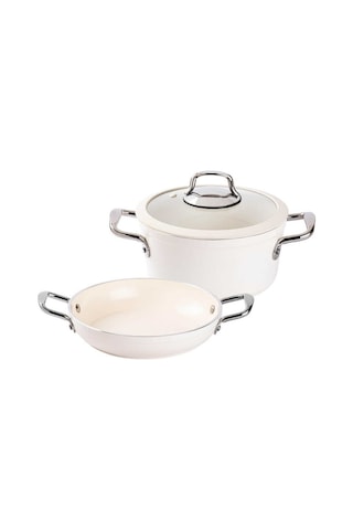 Tantitoni Deluxe Krem Seramik 3 Parça Tencere Seti Krem