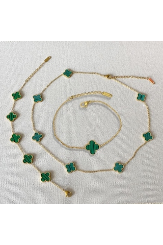 Yonca Gold Kolye 3'lü Bileklik Set Çok renkli