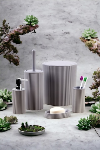5'li Modern Ve Şık Banyo Seti, Sıvı Ve Katı Sabunluk, Diş Fırçalık, Çöp Kovası, Klozet Fırçası Gri