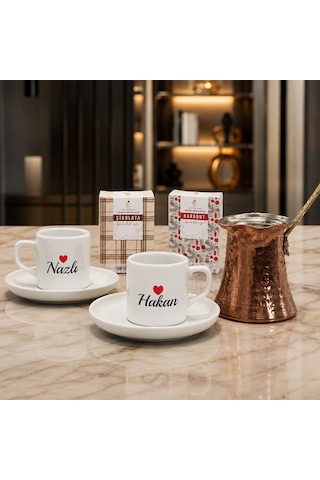 Bk Gift Kutulu Kişiye Özel İsimli 2'li Fincan & Bakır Cezve Ve Karadut - Çikolata Aromalı Kahve Seti