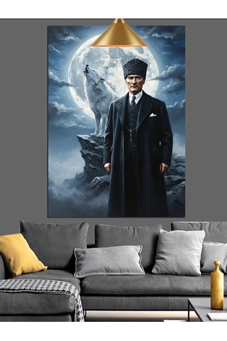 Ay Işığında Atatürk Ve Uluyan Bozkurt Dekoratif Kanvas - Mdf Ahşap Tablo