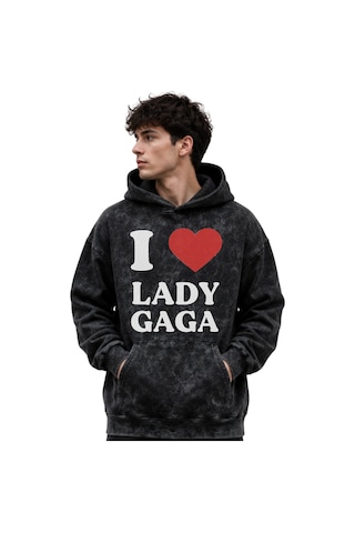 Sevbano Lady Gaga Şarkıcı Baskılı Unisex Oversize Yıkamalı Premium Hoodie Siyah