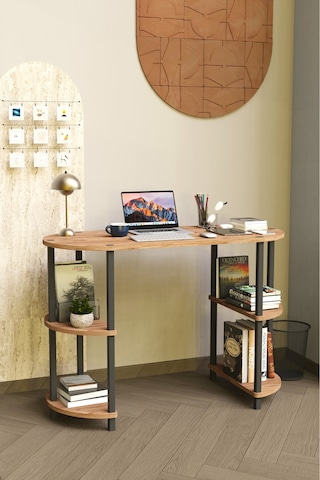 Soft Oval Çalışma Masası Çok Raflı Bilgisayar Masası Modern Ofis Ve Ev Çalışma Masası Meşe