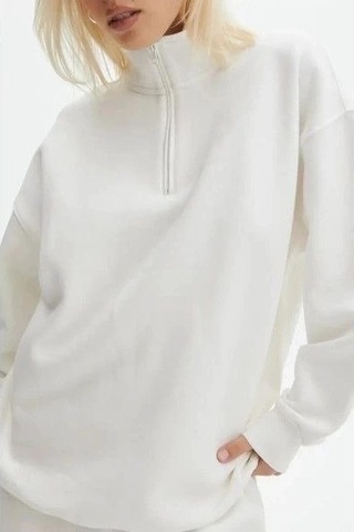 Vexor Unisex Uzun Kol Yarım Farmuarlı Yakalı Basic Sweatshirt - Beyaz