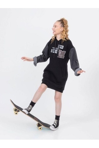 Kız Çocuk Kapüşonlu Kolları Kot Sweat Elbise-13452-siyah Siyah