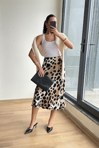 Mixray 4647 Kadın Beli Lastikli Leopar Saten Etek Bej