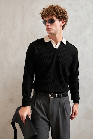 Erkek Polo Yaka Nopeli Oversize Triko Kazak Siyah